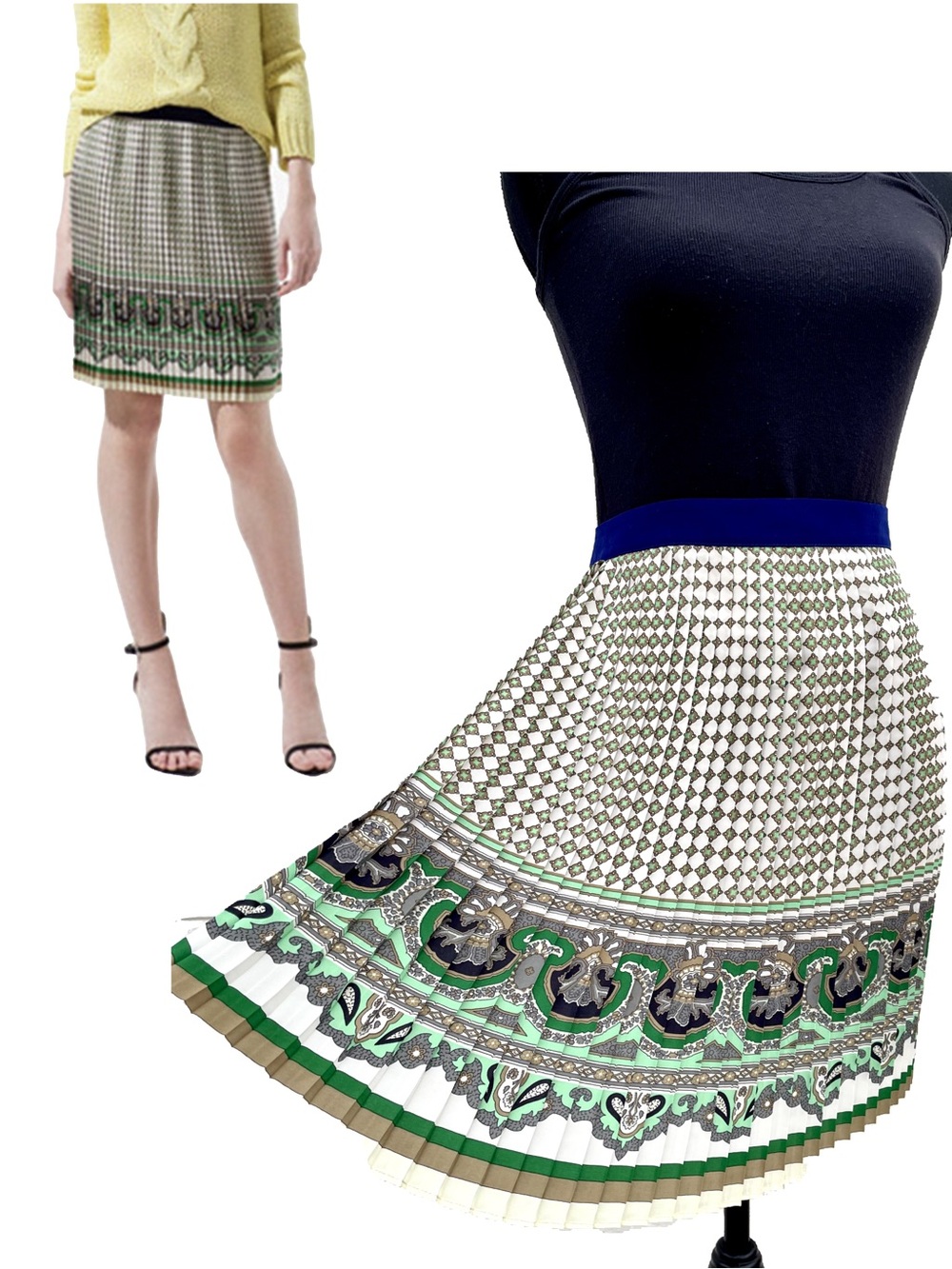 Zara Pleated Scarf Knee Length Skirt Green Mosaic Print Academia Preppy Sz Small